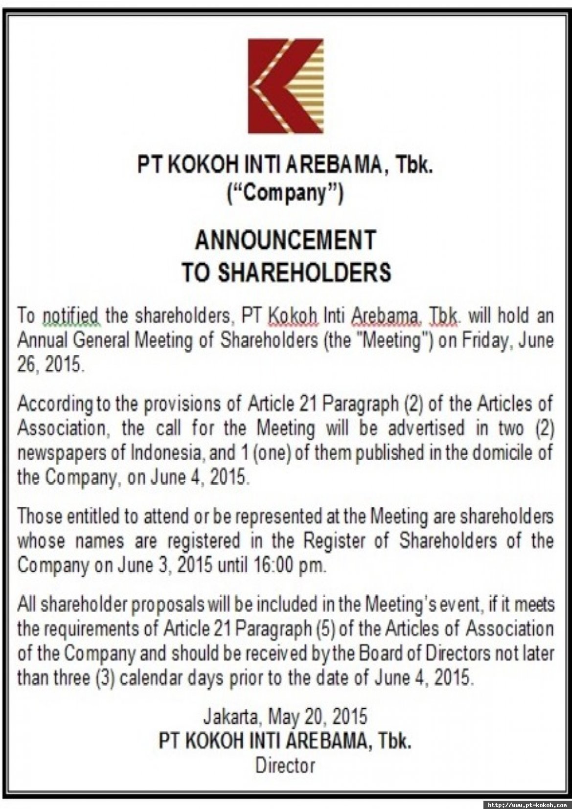 RUPS Invitation of PT Kokoh Inti Arebama, Tbk